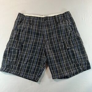 Men's Plaid Cargo‎ Shorts Size 36 Black Blue Checkered Flat Front Pockets Casual